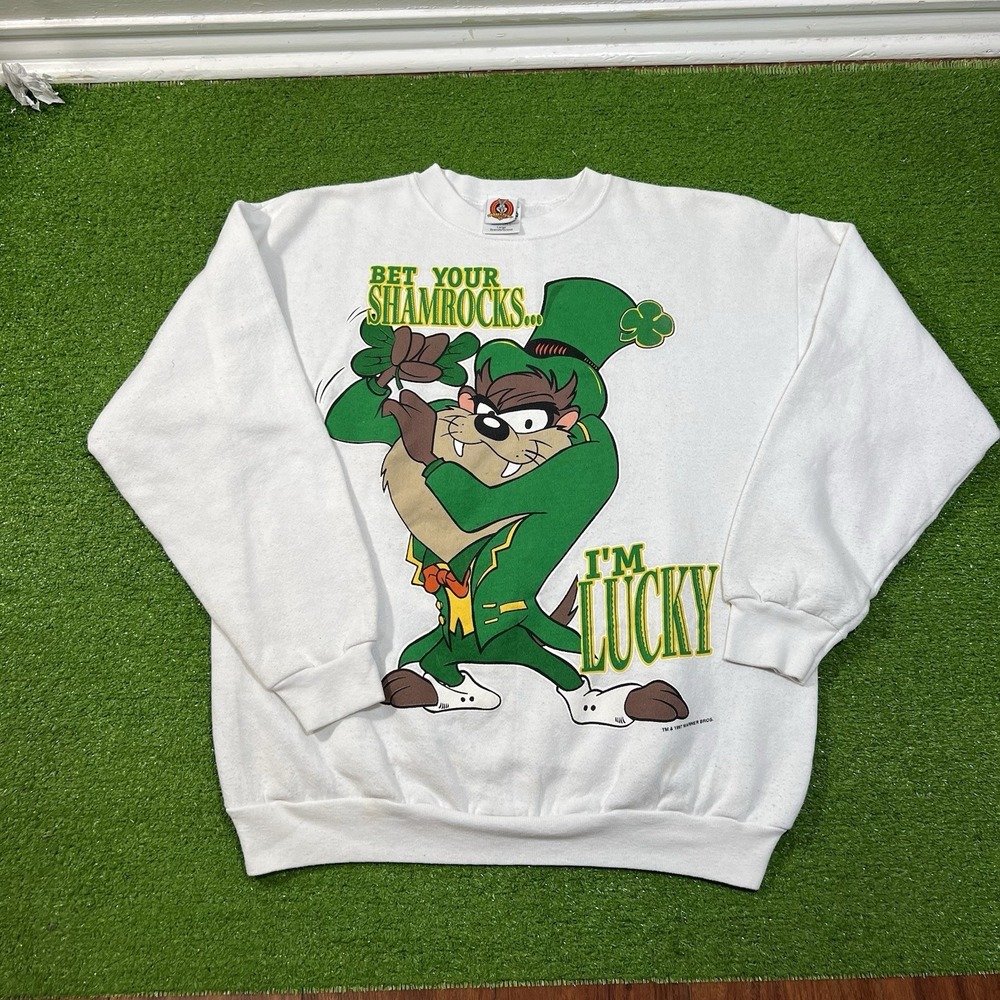 VTG 1997 Warner Bros Taz I'm Lucky St. Patricks Pullover Crew Size LG #VT197